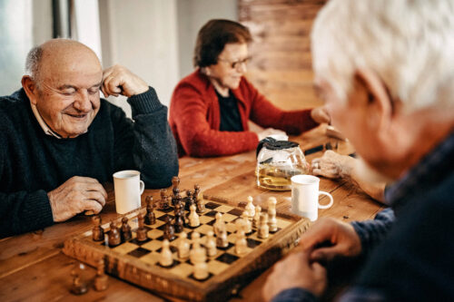 Senior people having fun in nursing home and playing chess
